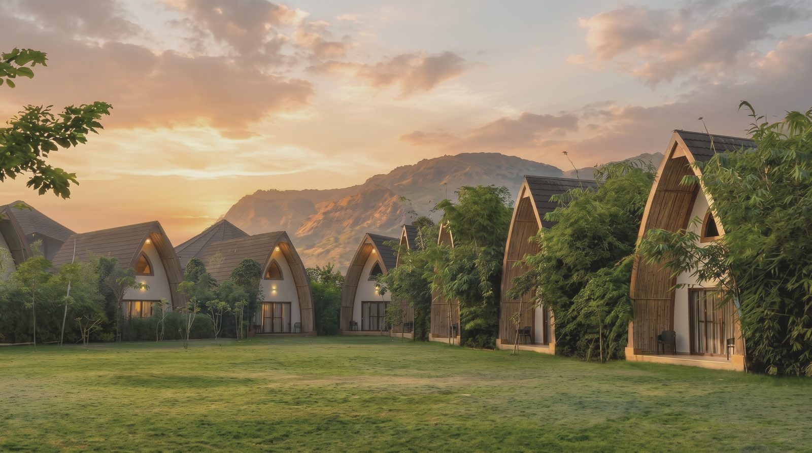 The villas at Ananta, Ajabgarh, at sunset, with the Aravalli hills behind