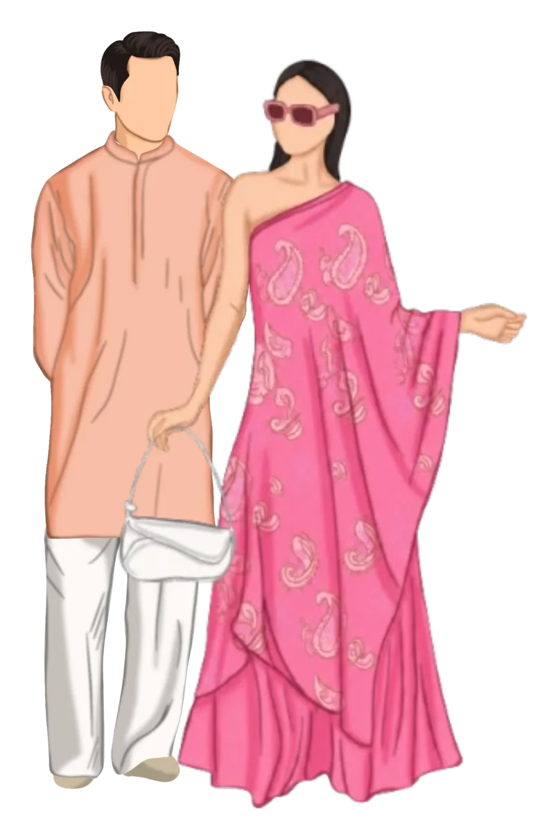 A peach kurta and a pink paisley drape