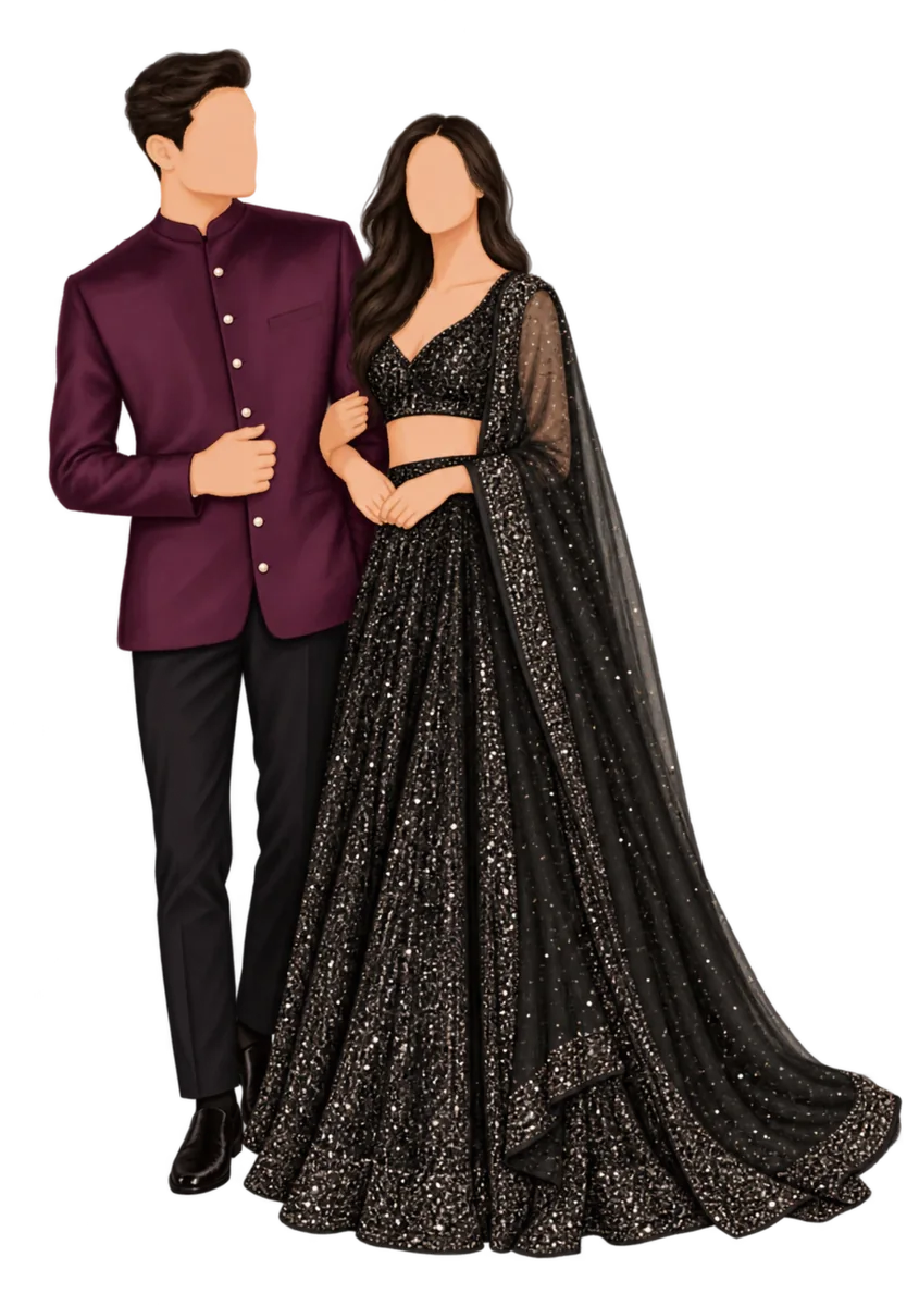A wine bandhgala and a black sequinned lehenga