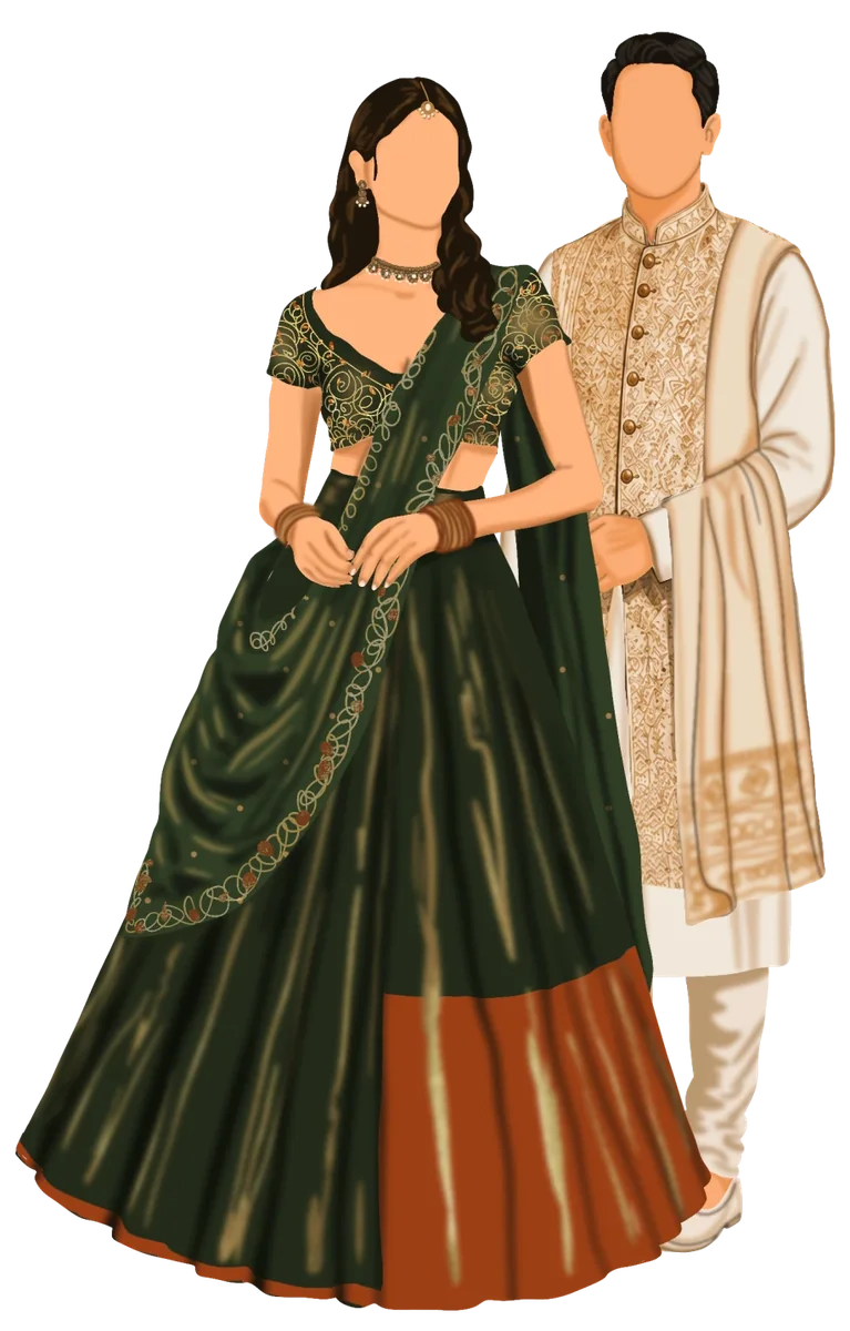 A violet embroidered lehenga and a midnight sherwani